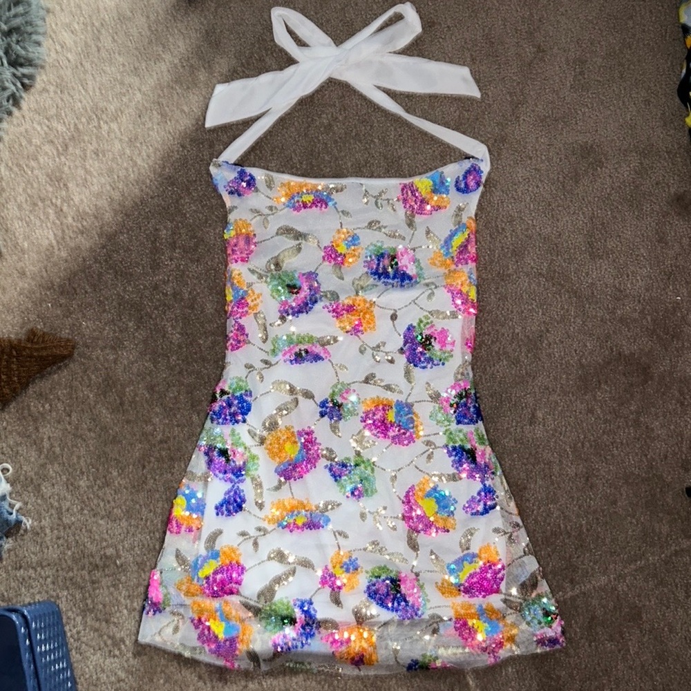 Multicolored, backless, sequin, mini dress. Size medium